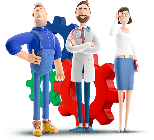 Immagine stilizzata di un uomo, un dottore e una donna. Dietro di loro degli ingranaggi