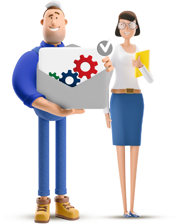 Immagine stilizzata di un uomo e una donna. L'uomo ha una busta da lettere in mano con all'interno degli ingranaggi 