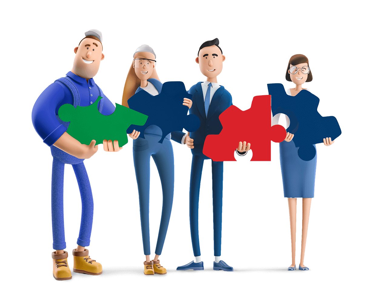 Immagine stilizzata con due uomini e due donne, tutti hanno un pezzo di puzzle in mano
