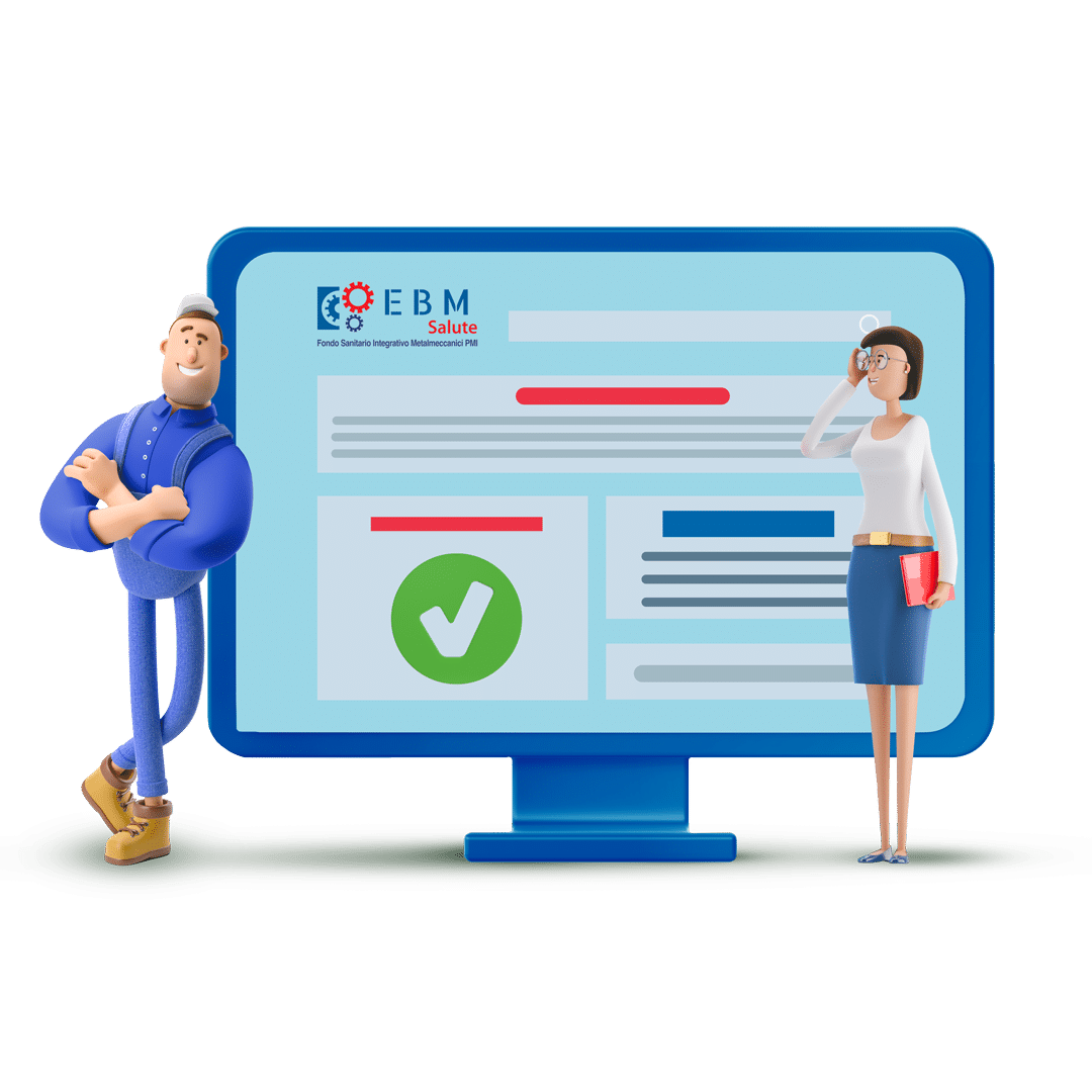 Immagine stilizzata di un uomo e una donna stilizzati, ognuno in posa accanto a un grande schermo del computer che mostra una pagina web del sito di EBMSalute