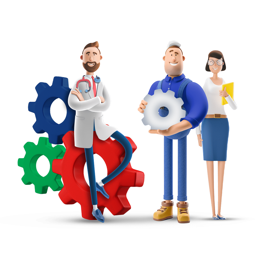 Immagine stilizzata di un dottore seduto su degli ingranaggi. Accanto un uomo con un ingranaggio in mano e una donna