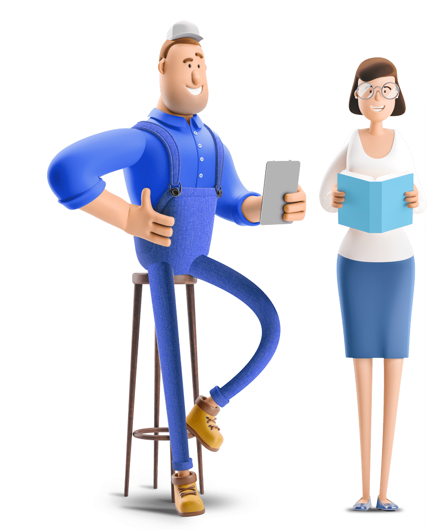 Immagine stilizzata di un uomo con un tablet in man e una donna con un libro in mano