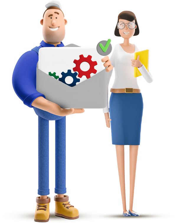 Immagine stilizzata di un uomo e una donna. L'uomo ha una busta da lettere in mano con all'interno degli ingranaggi 