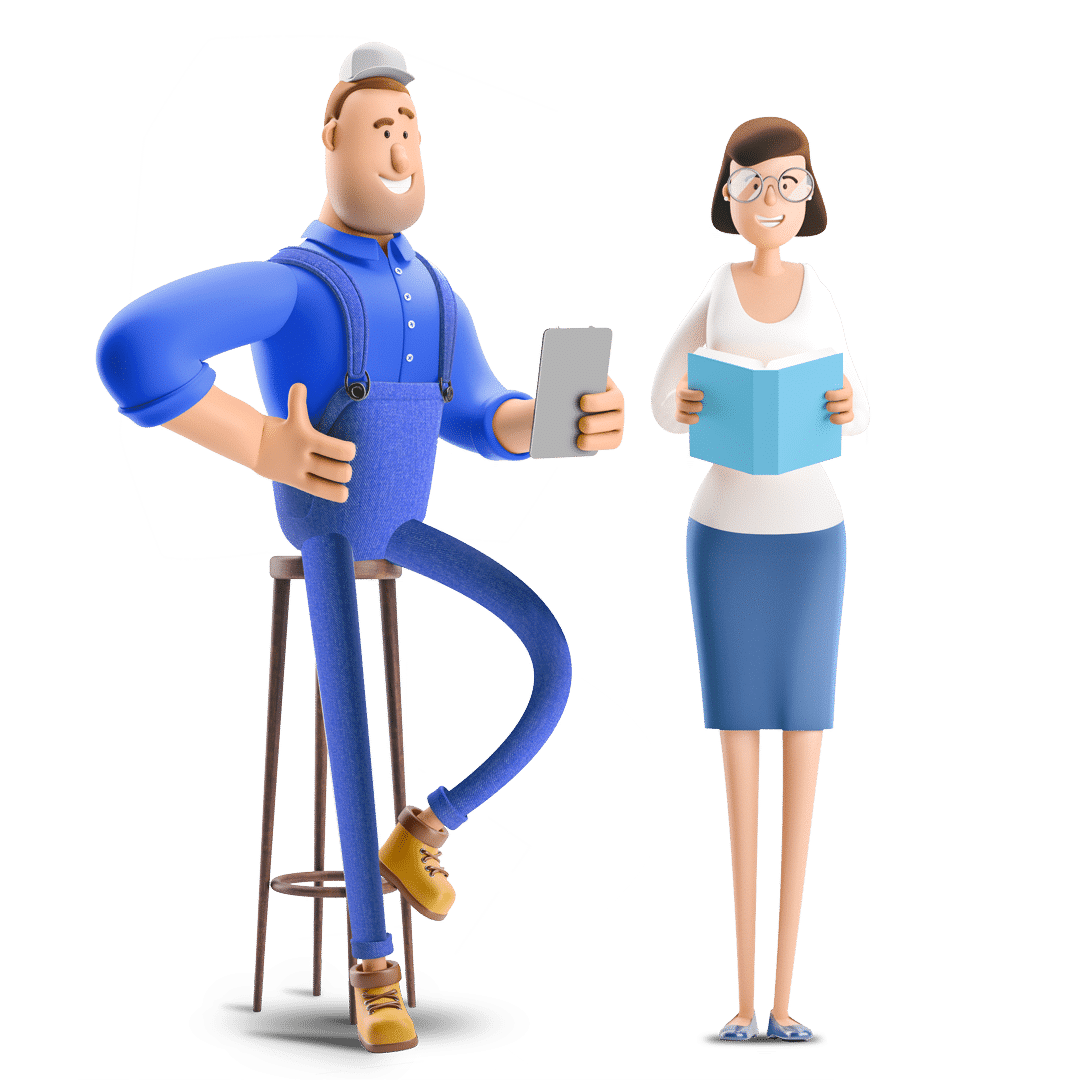 Immagine stilizzata di un uomo con un tablet in man e una donna con un libro in mano
