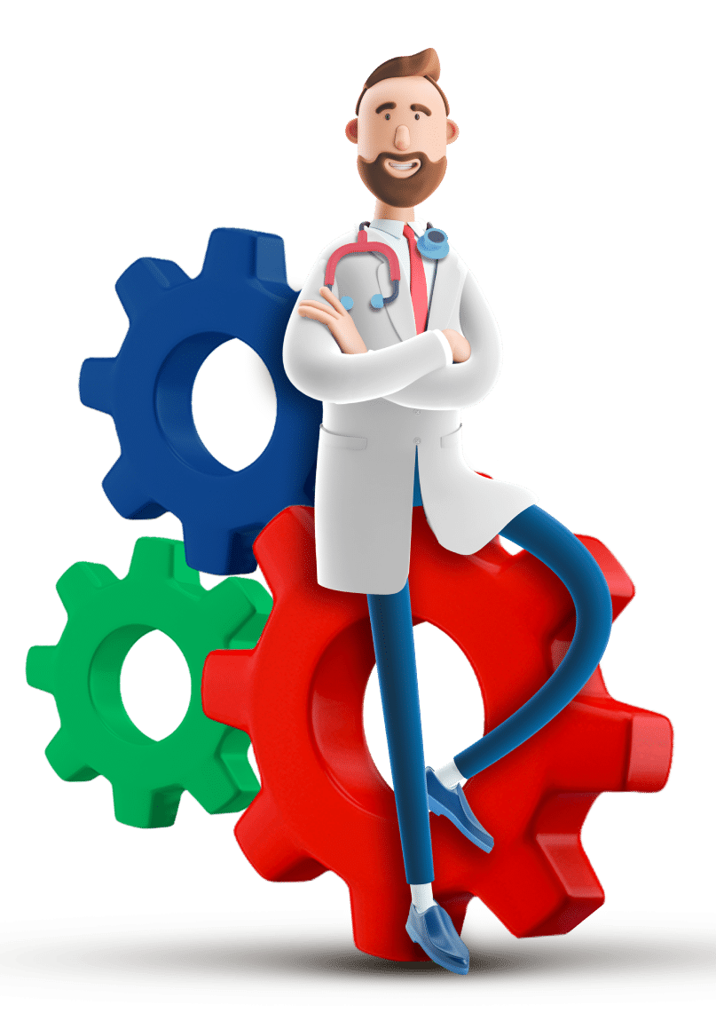 Immagine stilizzata di un dottore seduto su dei grandi ingranaggi