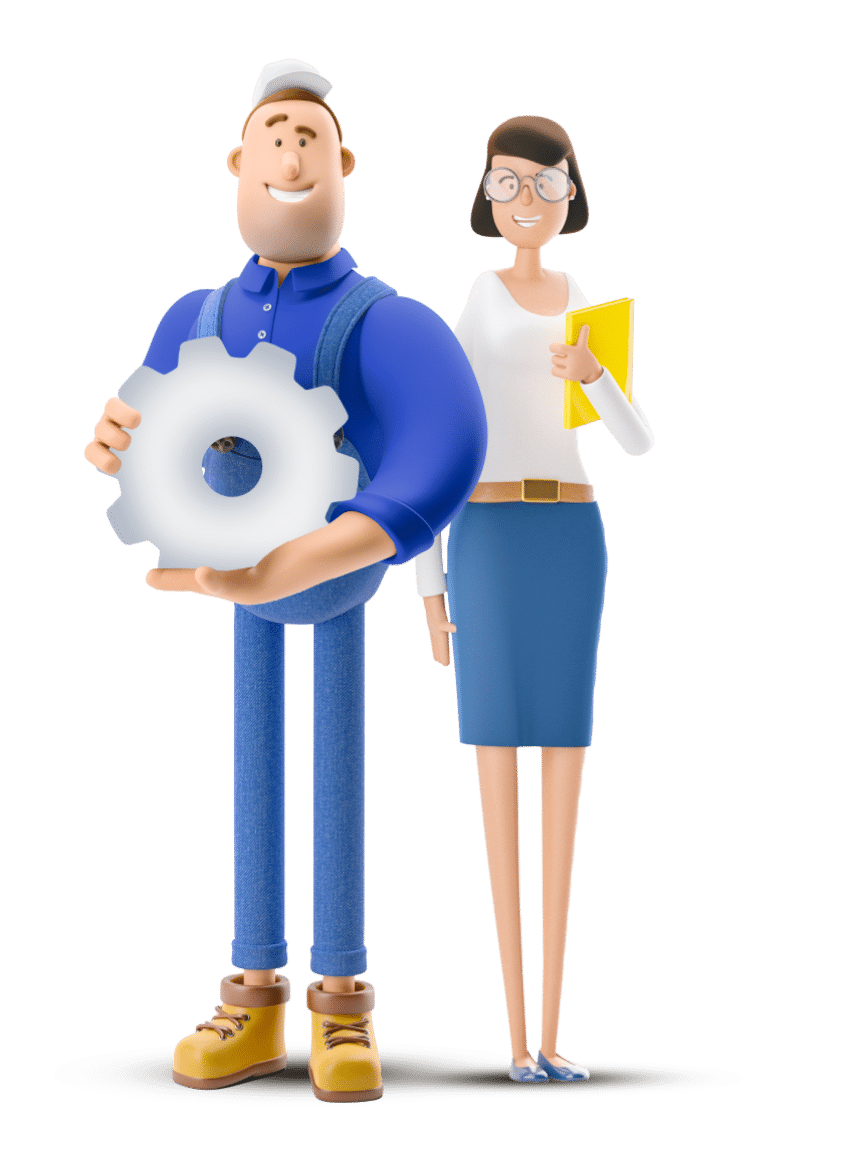 Immagine stilizzata di un uomo e una donna. L'uomo ha un ingranaggio in mano