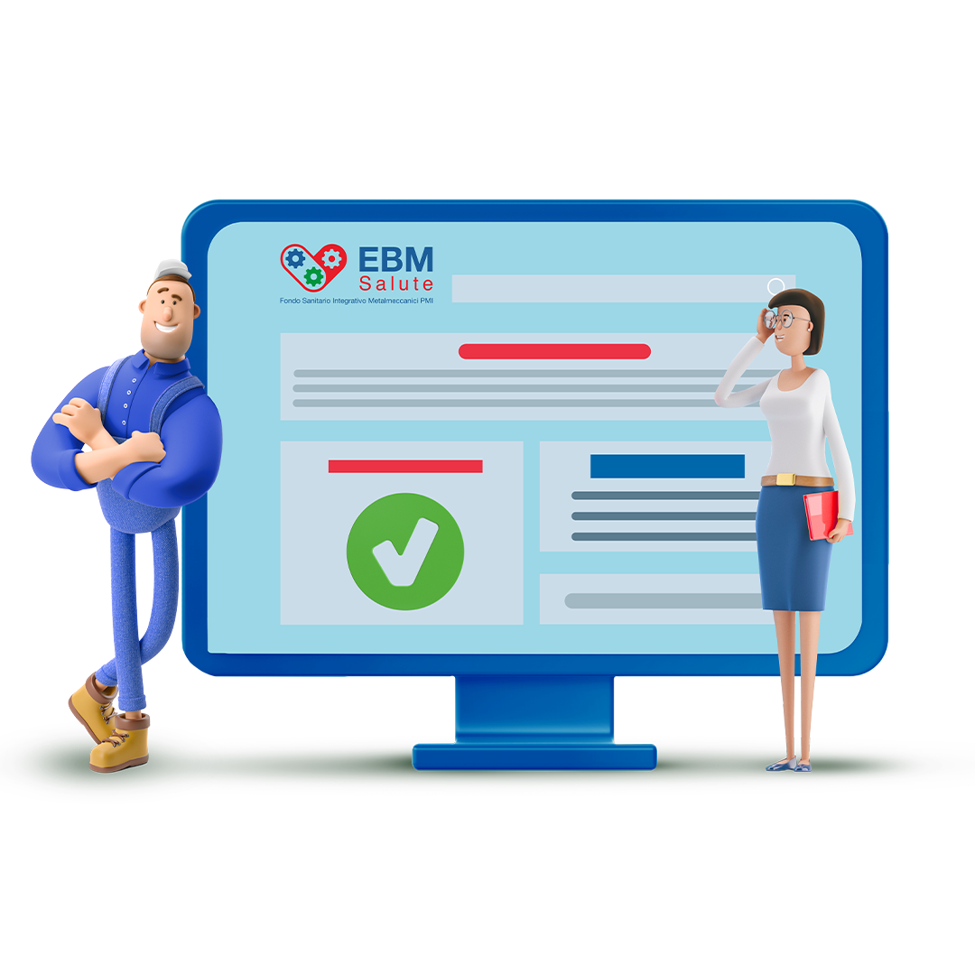 Immagine stilizzata di un uomo e una donna stilizzati, ognuno in posa accanto a un grande schermo del computer che mostra una pagina web del sito di EBMSalute